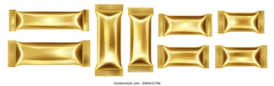 Set Of Realistic Flow Golden Foil Package For Chocolate Bar. Snack Packing Template For Cookies, Biscuit, Sweets. Pouch Mockup On White Background. Vector Illustration