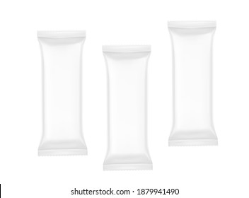 Set of realistic flow packaging mockups. Vector illustration isolated on white background. Can be use for your design, promo, adv and etc. 