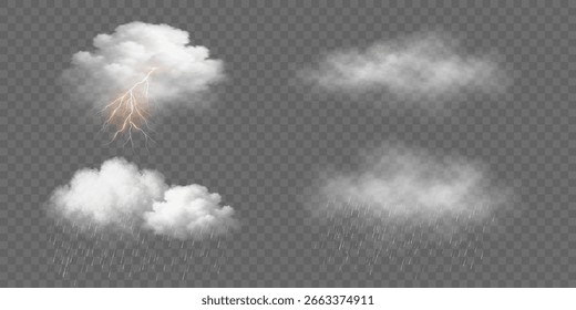 Set of realistic fluffy clouds with rain, fog and lightning bolt effect on a transparent background. Misty atmosphere for overlaying on images, dramatic scenes or weather visual effects. Vector.