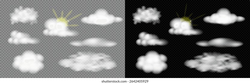 Um conjunto de nuvens fofas realistas com fundo transparente, incluindo efeitos de raios solares exibidos em fundos claros e escuros. Perfeito para ícones meteorológicos ou sobreposições de design. Ilustração vetorial.