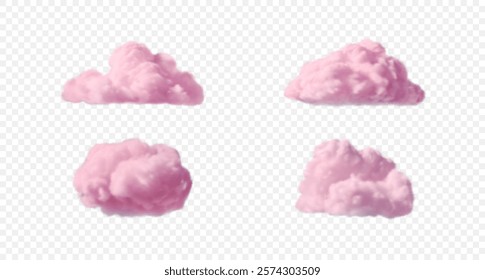 Set of realistic fluffy pink steam clouds. Vector design element of rose sky isolated on transparent backdrop