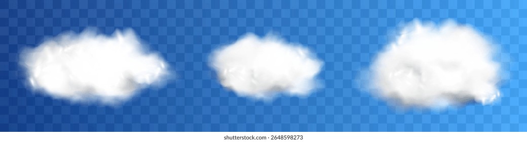 Set of Realistic Fluffy White Cloud Shapes Vector Isolated on Transparent Background
