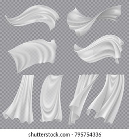 Set of realistic fluttering white cloths, soft lightweight clear material isolated on transparent background vector illustration