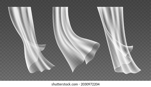 Set of realistic fluttering window curtains, translucent white cloths, soft lightweight clear material isolated on transparent background. 3d vector illustration