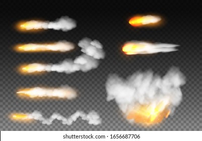Set of realistic flying bullet and shaped firework explosion. Smoke traces, special effects steps of smoke clouds and shotgun fire isolated on transparent background