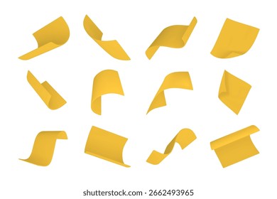 Conjunto de folhas de papel amarelo voador realista no fundo branco