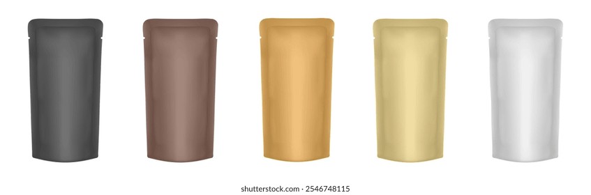 Set of realistic foil pouches. Flexible pet food bags. Black, brown, gold, beige and white foil bags. Plastic sachet for coffee, candy, shack or nuts. Dog food pouch