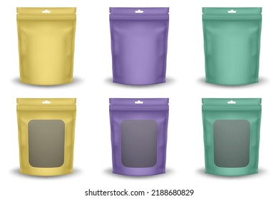 Set of realistic foil pouches with transparent window and hanging hole. Green, purple and yellow foil bags. Plastic sachet for coffee, candy, shack or nuts