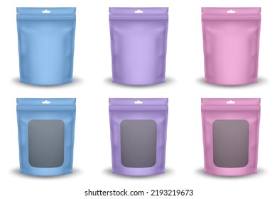 Set of realistic foil pouches with transparent window and hanging hole. Blue, purple and pink foil bags. Plastic sachet for coffee, candy, snack or nuts