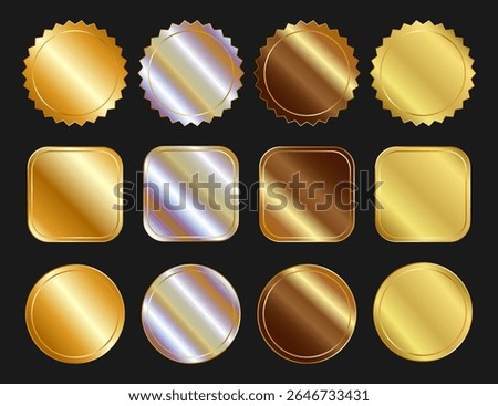 Set of realistic foil sticker templates for medal, badge. Label with metallic holographic effect of gold, bronze, silver. Round and square shiny rainbow emblems, star. Vector EPS10