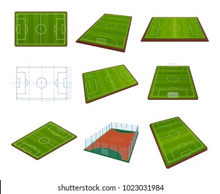 Set of realistic football field template, playground with green grass and landscapes. Layout, football field elements, playground front view, with markings and gates. Vector illustration.