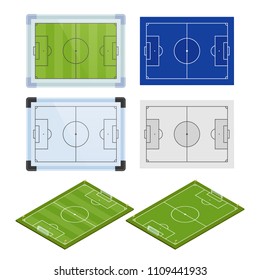 Set of realistic football field template, playground with green grass. Layout, football field elements, with markings and gates. Vector illustration