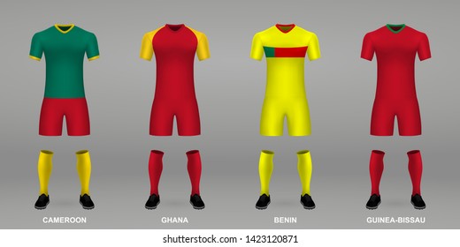 Set of realistic football kits Cameroon, Ghana, Benin, Guinea-Bissau, shirt template for soccer jersey. Vector illustration