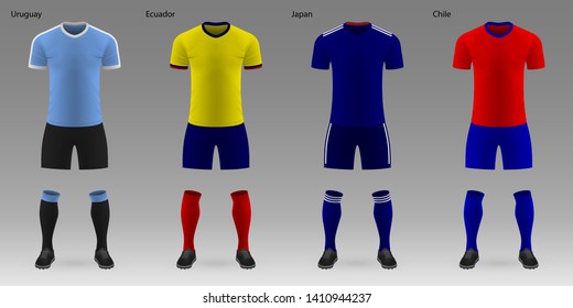 Set of realistic football kits, shirt template for soccer jersey. Vector illustration