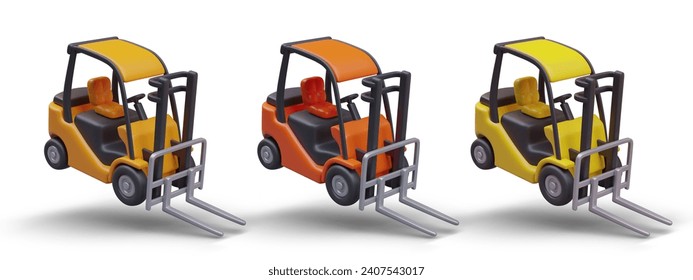 Set of realistic forklifts of different colors. Lift track is in inclined position. Overloaded forklift, template for supplementing with large load. Warehouse sale mockup. Detailed image