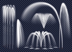 Set De Fântâni Realiste Cu Jeturi De Apă în Diferite Combinații Geometrice Pe Fundal Transparent Ilustrație Vectorială Izolată