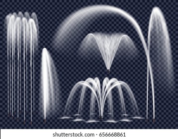 Set of realistic fountains with water jets in various geometric combination on transparent background isolated vector illustration