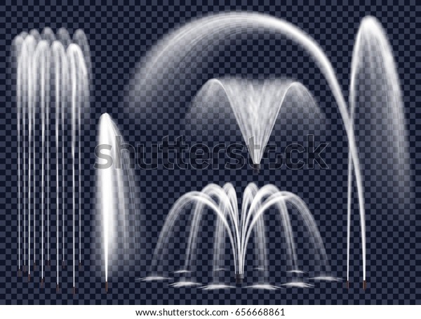 透明な背景にさまざまな幾何学的な組み合わせの水ジェットを持つ リアルな噴水のセット 分離型ベクターイラスト のベクター画像素材 ロイヤリティフリー