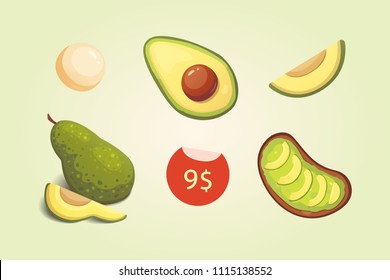 Set realistic fresh avocado fruit. Slice and whole avocados. Vegan food vector illustration in cartoon style.