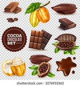 Set of realistic fresh and dried cocoa pods with seeds, chocolate isolated on transparent background vector illustration