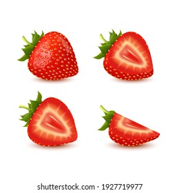 Set of realistic fresh strawberry with leaves, fruit cut in half, fruit without their calyx, isolated on white background. 3d vector illustration. Can be used in your own design, appearance.
