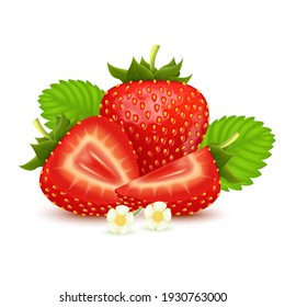 Set of realistic fresh strawberry with leaves, fruit cut in half, fruit without their calyx, isolated on white background. 3d vector illustration. Can be used in your own design, appearance.