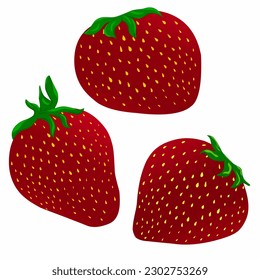 set of realistic fresh strawberry with leaves, fruit cut in half, fruit without their calyx, isolated on light pink background.