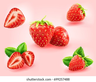 a set of realistic fresh strawberry with leaves, fruit cut in half, fruit without their calyx, isolated on light pink background.