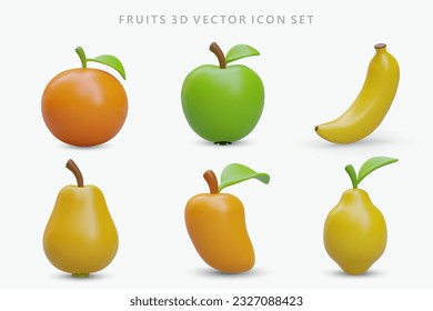 Conjunto de íconos de fruta realistas. Frutas vectoriales maduras de colores con sombras. Naranja, manzana verde, plátano, pera, mango, limón con hoja. Alimentos nutritivos nutritivos naturales