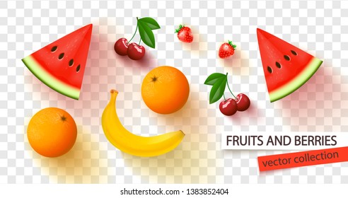 Set of realistic fruits and berries with shadow. Orange,banana,strawberry,cherry and watermelon isolated on transparent background. Vector illustration