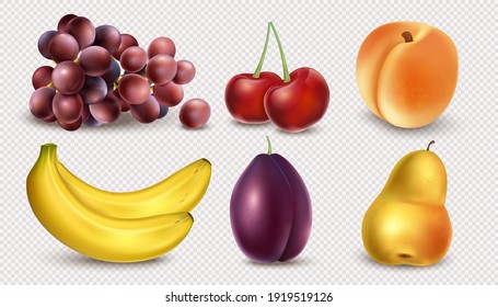 Set of realistic fruits isolated on transparent background. Banana, grapes, cherry, peach, plum, pear. Harvest of juicy fruits and berries 3d. Vector illustration