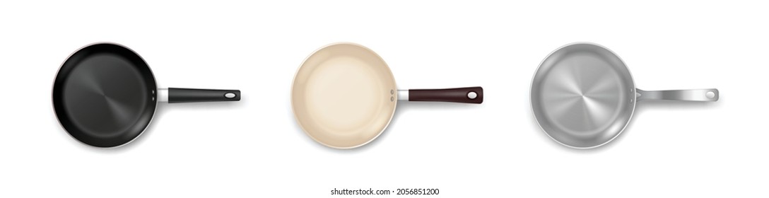 Set von realistischen Bratpfannen mit Teflon, Edelstahl und Keramik-Non-Stick-Abdeckung, Draufsicht. Geschickte moderne Metallküchenartikel zum Kochen von Speisen. Kochgerichte. 3D-Vektorgrafik