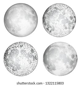 Set of realistic full moon and moon stipple drawing. Vintage engraving astrology or astronomy design. Vector. 