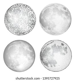 Set of realistic full moon and moon stipple drawing grouped by colour tones. Vintage engraving astrology or astronomy design. Vector. 