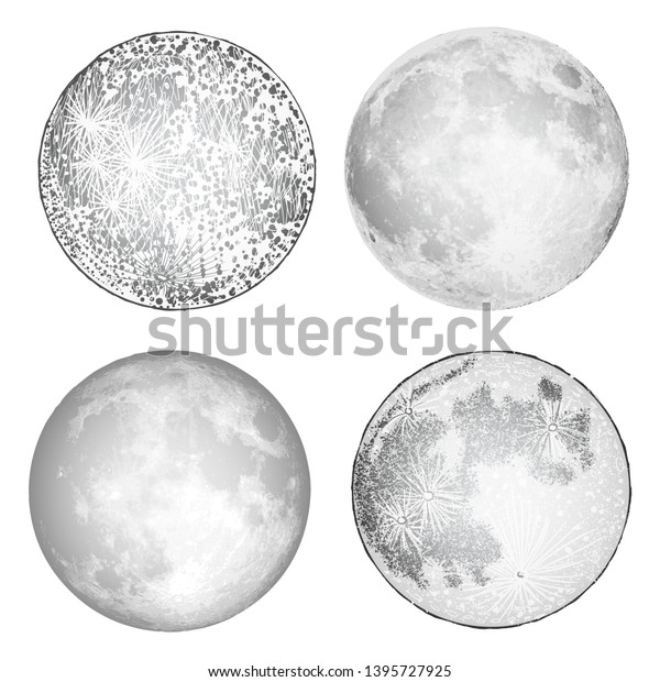 Set of realistic full moon and moon stipple drawing\
grouped by colour tones. Vintage engraving astrology or astronomy\
design. Vector. 