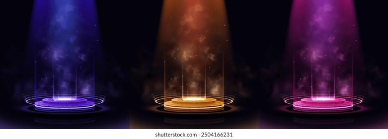 Set realistischer futuristischer Vektorportale mit Neonlichteffekten mit magischem Nebel-, Nebel- oder Raucheffekt mit Lichtpartikeln.
