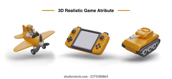 Set of realistic game attributes. Yellow vintage plane with pilot, game console, tank. Template for design of game site, app, advertising concept. Isolated vector illustration on white background