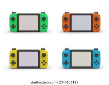 Set of realistic gamepads in different colors. Gaming devices with blank screen and buttons. Pocket gaming gadget. Retro gamepad joystick. Isolated vector icons