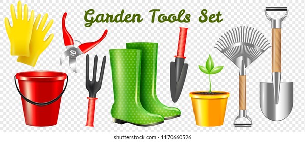 Set of realistic garden protective and working tools with sprout isolated on transparent background vector illustration 