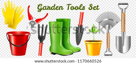 Set of realistic garden protective and working tools with sprout isolated on transparent background vector illustration 