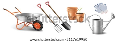 Set of realistic gardening tools wheelbarrow, shovel, pitchfork, work gloves, flower pots and watering can isolated on white background. Equipment for farming and work in garden. Vector illustration