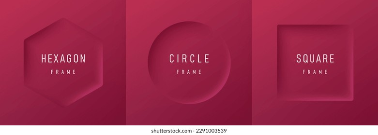 Set of realistic geometric frames hexagon, circle and square  on dark pink red 3d background. Minimal neumorphism frames background with copy space. Top view for product display. Light and Shadow.