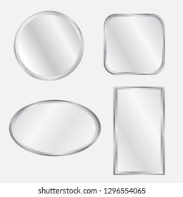 Set of realistic geometrical mirrors. Chrome frame. Vector illustration of different forms with blurry reflection.