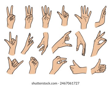 set of realistic gestures hand, concept of stop, help, rock, symbol v, right left, animated number one, two, three, four, five, zero vector illustration