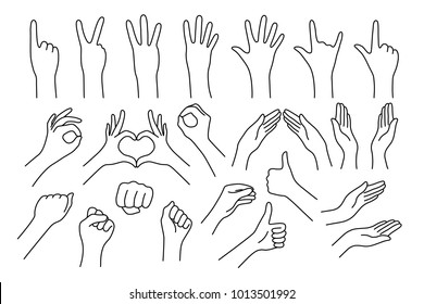 set realistic gestures hand shape  black ley stroke logo graphic art design isolated white  concept stop  help  rock  symbol v  right left  animated number one  two  three  four  five  zero