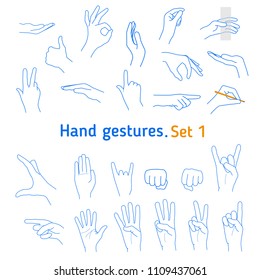 Set Of Realistic Gestures Hand Shape. Black Ley Stroke Logo Graphic Art Design Isolated On White. Concept Of Stop, Help, Rock, Symbol V, Right Left, Animated Number One, Two, Three, Four, Five. Set ?1