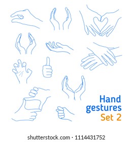 Set of realistic gestures hand shape. black ley stroke logo graphic art design isolated on white. concept of stop, help, rock, symbol v, right left, animated number one, two, three, four, five. Set No 2