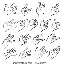 Set Of Realistic Gestures Hand Shape. Black Ley Stroke Logo Graphic Art Design Isolated On White. Concept Of Stop, Help, Rock, Symbol V, Right Left, Animated Number One, Two, Three, Four, Five, Zero