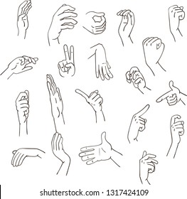 set of realistic gestures hand shape. black ley stroke logo graphic art design isolated on white. concept of stop, help, rock, symbol v, right left, animated number one, two, three, four, five, zero