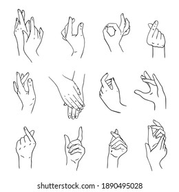 set of realistic gestures hand shape. isolated on white. Geskin's hand movements. a sign of love. tenderness. a linear pattern. hand drawing